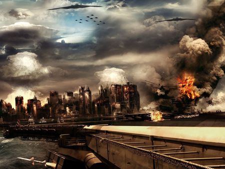 3D_Fantasy_Places - abstract, water, blue, beach, plane, fantasy, fire, 3d, destroy, sky, building