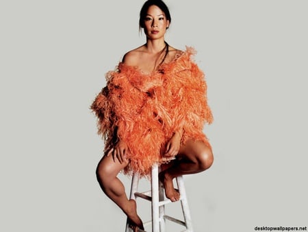 Lucy Liu - sexy, actress, female, cute face, orange feathers, nice tan