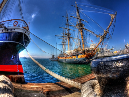 Sailboats - blue, boat, harbour, sailboats, sailing, port, sky, flag, clouds, water, beautiful, sea, beauty, colors, lovely, boats, colorful, nature, sailboat, peaceful