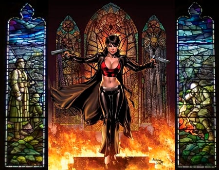 Make Your Own Path - female, stained glass, guns, fantasy, fire, character