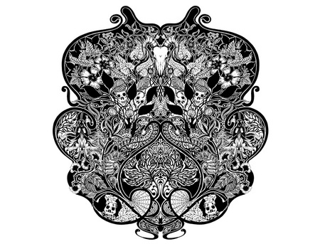 Skulls and Symmetry - skull, white, hand drawn, artwork, leaves, flowers, black