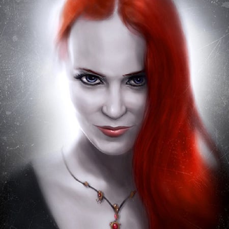 The Seer - face, fantasy, necklace, female, artwork, redhead, eyes