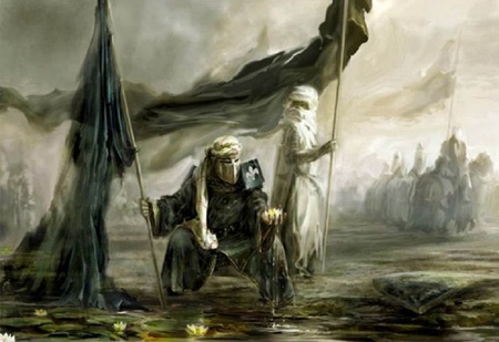 Pause to behold Beauty - flowers, fantasy, water, horses, helmet, artwork, warriors, banners