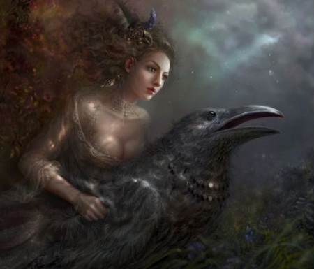 Raven Girl - flowers, cg, necklace, fantasy, female, raven, artwork, sky