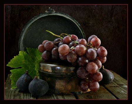 fruits basket - table, still life, composition, basket, leafs, art photo, nice, iron, fruits