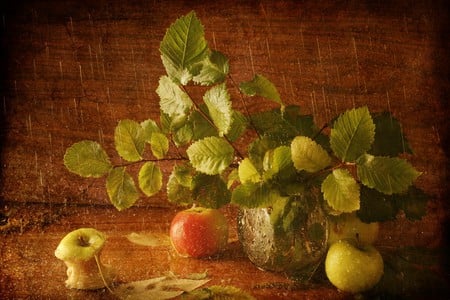 still life - nice, water, still life, apples, glass vase, art photo, leafs, table, rain drops