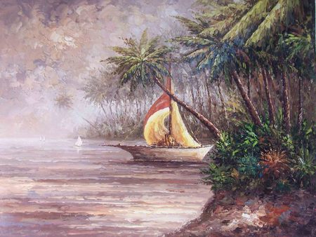 Sailing Away - lush, trees, peaceful, water, bay, nature, sails, sailboat, quite