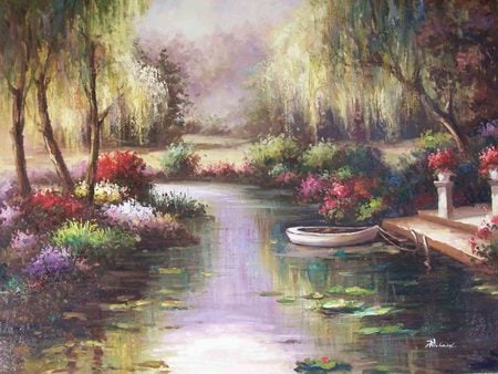 Sanity Of Nature - lake, trees, dock, god, gardens, rocks, heaven, art, living, dawn, planters, flowers, breathetaking, boat