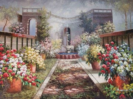 The Secret Garden - building, serene, pots, gardens, plants, fountain, ruins, flowers, vines