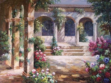 Floral Arches - luxury, arches, vines, gardens, beauty, flowers, stairs, courtyard, tranquill