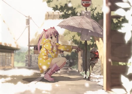 Under the Umbrella - anime, umbrella, girl, snow, statue