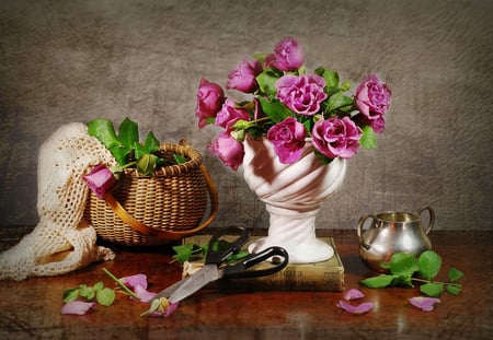 Roses - basket, roses, pink, vase