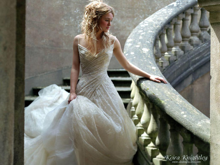 Keira Knightley - stairs, blond hair, actress, female, beautiful dress