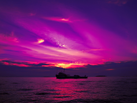 Purple sunset - ship, sky, sunset, sea