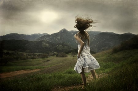 In the wind - girl, wind, mountains, sun