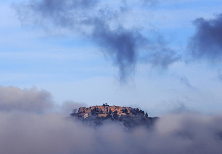 VILLAGE IN THE CLOUDS - village, hill, clouds, grey, blue, beautiful, art photo, sky