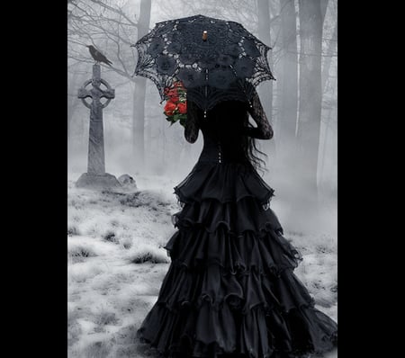 Witches Mourning - women, girls, cemetery, sexy, roses, hot, goth, black, crow, umbrella, red