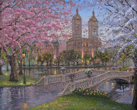 Spring in the Park - trees, blossoms, pond, flowers, swans, painting, building, bridge, park