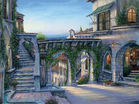 Cote D Azur - flowers, arches, vines, windows, painting, steps, down hill, buildings