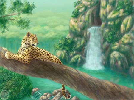 Big_Sister_Watching - sky, trees, animals, water, cheetah, leaf, other, nature, jungle, green, rock, grass