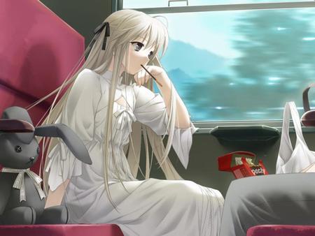 Kasugano Sora - sweets, nice, beauty, sora, toy, twintail, bunny, white, train, stuffed toy, rabbit, pretty, cool, anime, cute, kasugano sora, seat, yosuga no sora, bag, pocky, beautiful, awesome, kasugano, dress