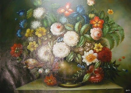 Big Bowl Of Loveliness - pretty, brass, summer, gardens, table, variety, flowers, colours, arrangement, delight, floral