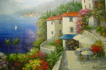 A Villa Affair - heaven, villas, water, blue, setting, tables, sea, love, flowers, boats, view, escape