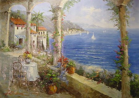 A Cosy Spot For Lunch - villas, arches, setting, table, sea, terrace, pleasure, flowers, boats, view, quite