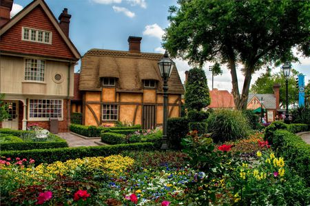 Beautiful Place - pretty, summer, great, flowers, countryside, garden, nice, house, lanterns, road, beauty, colors, architecture, nature, green, cottages, alley, yellow, town, 2011, grass, alleys, home, leaves, red, houses, sky, clouds, trees, beautiful, cool, buildings, lovely, tree, colorful, cabins, peaceful, park