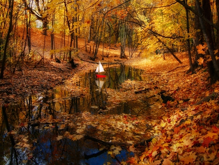 Autumn - pretty, autumn colors, boat, splendor, stream, forest, reflection, leaves, view, golden, woods, trees, water, beautiful, beauty, colors, lovely, fall, nature, autumn, autumn leaves, peaceful, solitude