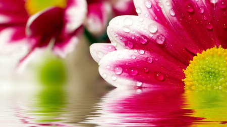 Beautiful Flower - flower, pretty, pink, glow, water, beautiful, yellow, drops, reflection, lovely, mist, nature