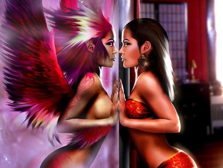 True Reflection - fantasy, female, mirror, red, wings, artwork, reflection