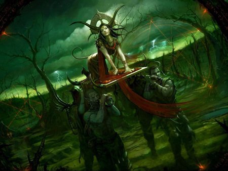 Procession of the Witch Queen - fantasy, female, green, artwork, bearers