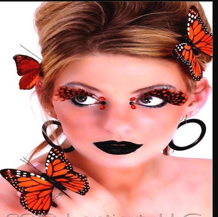 BEAUTY WITH BUTTERFLY - woman, face, brown, art, make up, pink, orange, model