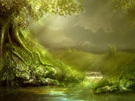 GREENERY - sunlight, greenery, stream, forest