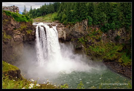 waterfall - art photo, trees, great, big, house, high, waterfall, rocks