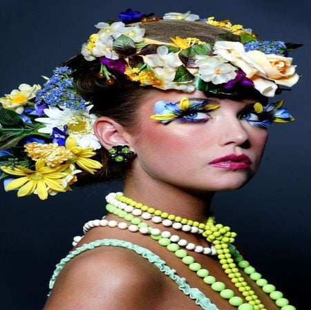 FLOWER AND PEARLS - woman, pretty face, female, perls, colorful, model, white, yellow, blue, flower