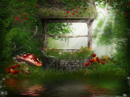 MAGICAL WELL - nice, mushroom, sunshine, trees, water, shine, reflection, window, pretty, river, sunrays, tree, rays, magical, summer, well, flowers, wishing well