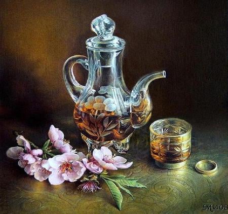 Taste of Brandy - flowers, brandy, decanter, ring, table, glass