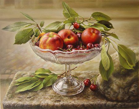 Bowl of Delicious Apples & Cherries - cherries, stone, apples, bowl, table, glass, leaves