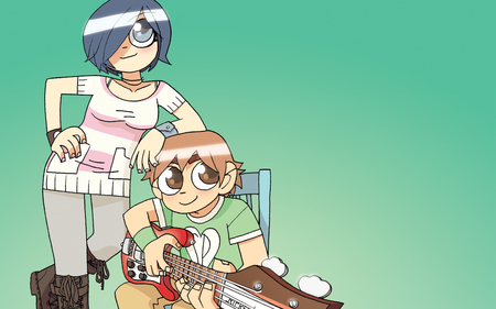 Scott Pilgrim and Ramona Flowers - book, scott, love, flowers, comic, guitar, cute, ramona, pilgrim