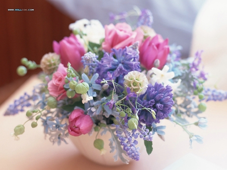 Happiness - vase, table, spring, lovely, photo, bouquet, whites, purples, pinks