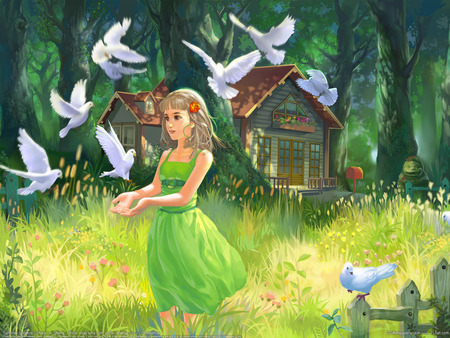 young girl feeding doves - abstract, trees, sign, cabin, girl, grass, peace, doves, flowers, nature, tranquility, mailbox