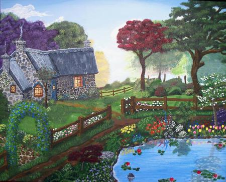 Country Cottage - cottage, painting, trees, flowers, pond, country