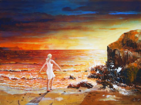 Dancing By The Sea - painting, girl, sunset, dancing, sea