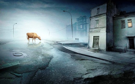 Ghost City - moon, building, cow, night, gothic, black, road, ghost, abstract, dark, blue, animal, city