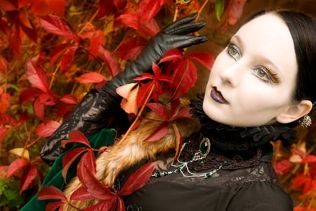 Autumn Goth Lady - woman, lady, autumn, girl, eyes, photography, gothic, face, red, beautiful, leaves