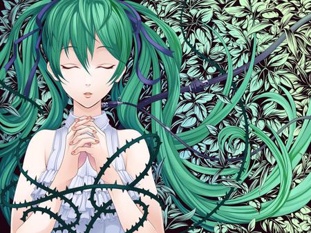 Hatsune Miku - beauty, nice, aqua, twintail, black, white, pretty, cool, anime, plant, green, miku, cute, vines, hatsune miku, hatsune, vocaloids, blue hair, vocaloid, blue, beautiful, leaves, awesome