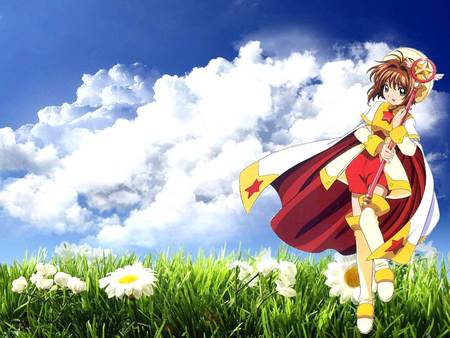 sakura in field of flowers - anime, card captor, flowers, sakura