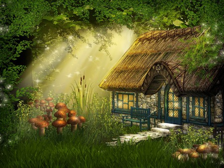 FAIRY COTTAGE - cottage, mushrooms, forest, grass